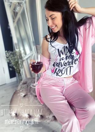 Шелковая пижама и халат с принтом wine9 фото