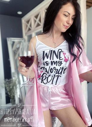 Шелковая пижама и халат с принтом wine1 фото