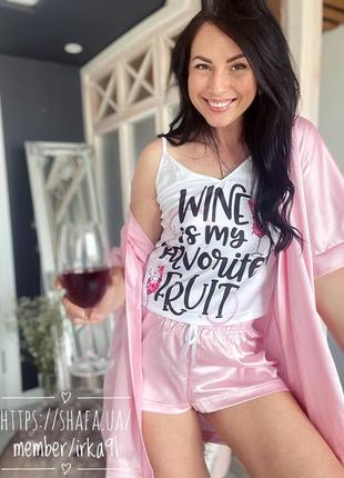 Шелковая пижама и халат с принтом wine2 фото