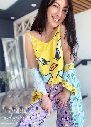 Шелковая пижама и халат с принтом сhicken