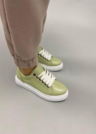 Базовые кеды кроссовки зелёные натуральная кожа на высокой подошве 790-4 фисташка8 фото