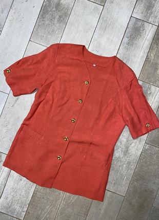 Коралловый винтажный льняной пиджак,винтажный летний жакет с короткими рукавами(026)1 фото