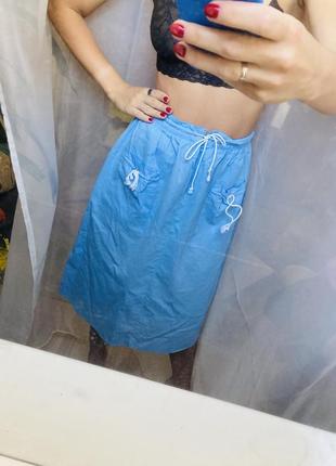 Хлопковая голубая юбка миди летняя8 фото