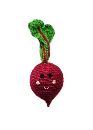 Погремушка прорезыватель свекла с глазками, грызунок, подарок новорожденным