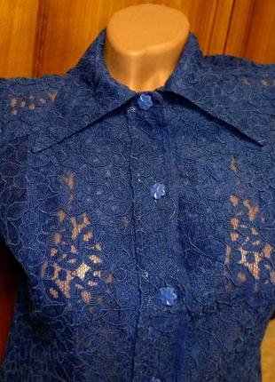 Вінтажна мереживна гіпюрова блузка кофточка синя прозора короткий рукав,срср3 фото