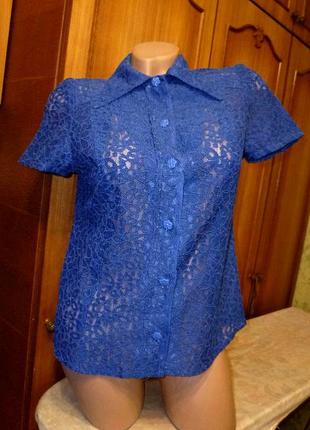 Вінтажна мереживна гіпюрова блузка кофточка синя прозора короткий рукав,срср
