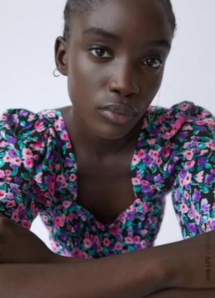 Zara блузка топ вискоза цветочный принт пышные рукава яркая размер s новая2 фото