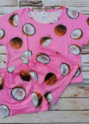 Комплект укороченная футболка оверсайз и шорты принт  "кокосы"