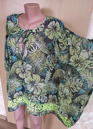 Легка пляжна різнобарвна накидка кімоно плаття парео квітковий принт листя3 фото