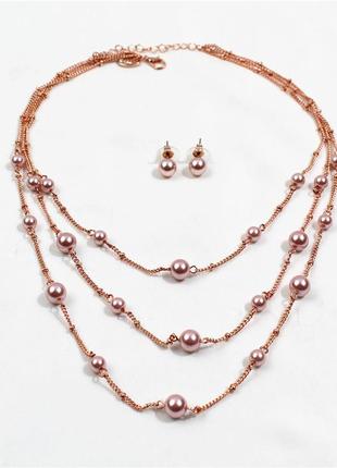 Набір, комплект кольє ланцюга і намистини і сережки з перлами rose dream гиапоаллерген2 фото
