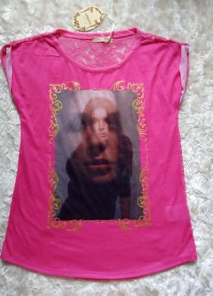 Розовая женская футболка, размер s/m, спинка ажурная, гипюровая, кружевная1 фото