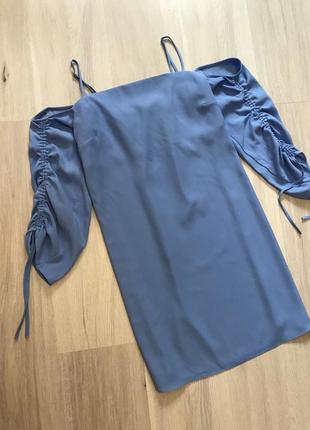 Нове блакитне плаття на плечі стяжки на рукавах нова голуба сукня прямого крою на плечі на бретелях9 фото