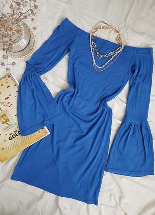 🔥шикарное платье с открытыми плечами в рубчик и из объединения емкими рукавчиками new look