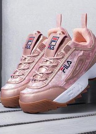 Fila disruptor ii velvet rose жіночі оксамитові велюрові кросівки філа рожеві/персикові жіночі кросівки персикові