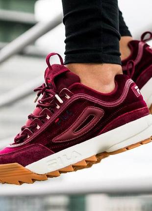 Fila disruptor ii burgundy velvet женские бордовые/красные бархатные/велюровые кроссовки фила жіночі бордові кросівки