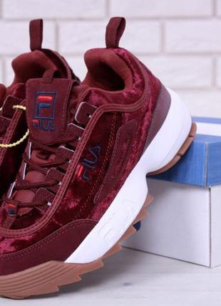 Fila disruptor ii burgundy velvet женские бордовые/красные бархатные/велюровые кроссовки фила жіночі бордові кросівки4 фото