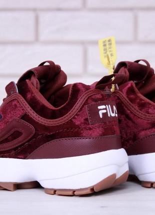 Fila disruptor ii burgundy velvet женские бордовые/красные бархатные/велюровые кроссовки фила жіночі бордові кросівки5 фото