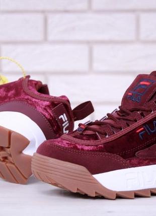 Fila disruptor ii burgundy velvet женские бордовые/красные бархатные/велюровые кроссовки фила жіночі бордові кросівки3 фото