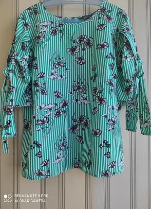 Необычная натуральная брендовая блуза с короткими пышными рукавами