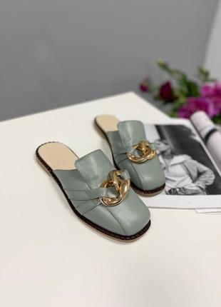 Босоніжки, шльопанці натуральна шкіра хакі зелені шльопанці мюли сабо