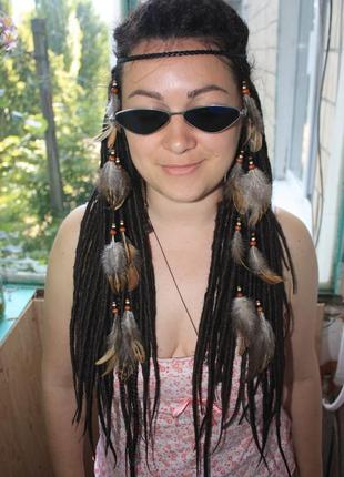 Хайратник повязка на волосы с перьями в стиле хиппи, бохо разные цвета!1 фото