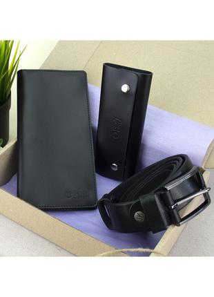 Подарунковий набір чоловічий handycover №52: гаманець + ключниця + ремінь (чорний)1 фото