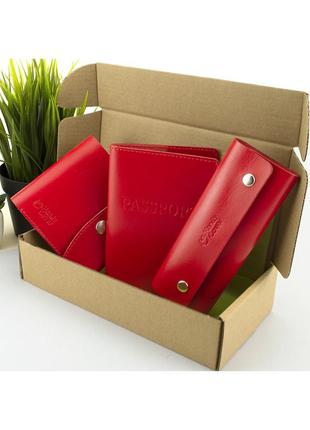 Подарунковий жіночий набір handycover №54 (червоний) гаманець + ключниця + обкладинка на паспорт