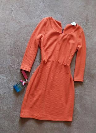 Щільне помаранчеве фактурне плаття футляр рукав 3/4 ззаду на блискавці
