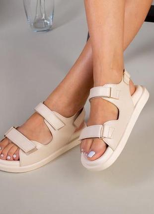 Босоніжки, сандалі жіночі замшеві (натуральна замша) літні світло-бежеві на липучках