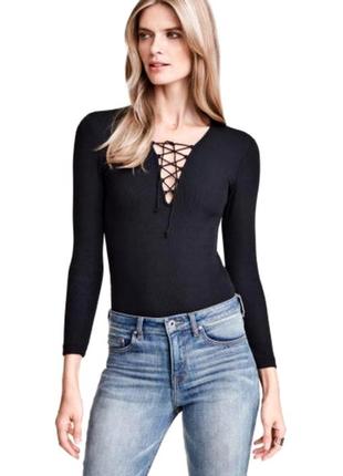 Черный боди с завязками на декольте боди в рубчик футболка h&amp;m с длинным рукавом