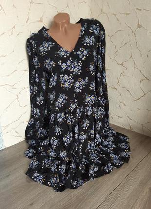 Ярусное платье, платье вискоза,черное с цветочным принтом,размер2 фото