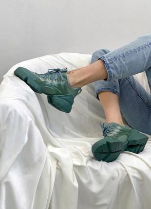 Женские кроссовки green,  кроссовки зелёные кожаные на шнуровке7 фото