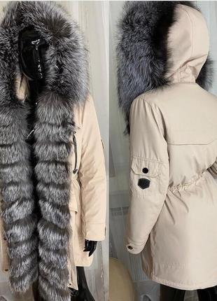 Женская парка куртка пуховик с мехом чернобурки , xs-xl