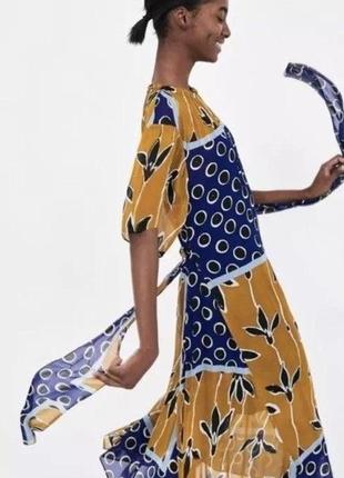 Zara шифонова сукня міді з асиметричною спідницею синє /гірчиця6 фото