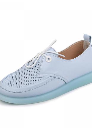 Голубые туфли женские на плоской подошве на шнурках летние новые кожаные (натуральная кожа) - наложк1 фото