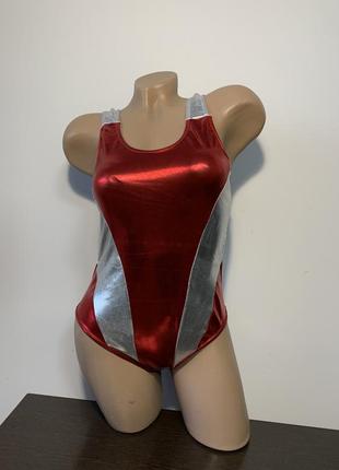 Боді купальник для танців гімнастики металік червоний срібло1 фото