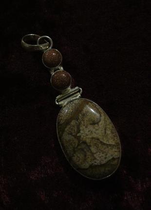Крупный кулон натуральный камень, пейзажная песчаная яшма в серебре, авантюрин золотой песок2 фото