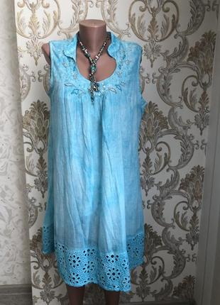 Платье бирюза бирюзовое голубое хлопок индия  вышитое выбитое