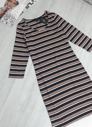 Платье в полоску. бежевое платье с рукавом 3/4 в полоску/вискозное платье ровного фасона в полоску