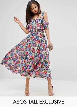 Восхитительное шифоновое платье миди с воланом и открытыми плечами в акварельные цветы asos в идеале