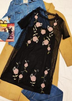 New look платье футболка чёрное розовое прямое с сеточкой двойное с цветами вышивкой5 фото