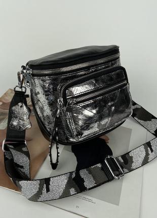 Женская кожаная сумка через плечо жіноча шкіряна кросс боди с текстильным ремешком4 фото