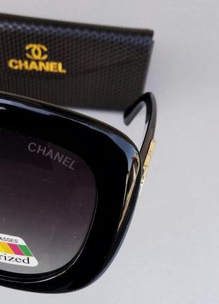 Очки в стиле chanel женские солнцезащитные большие черные с золотым лого поляризированые8 фото