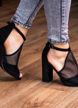 Туфли босоножки черные замшевые женские на каблуке -черные женские туфли 20213 фото