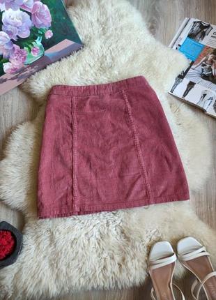 Розовая вельветовая  юбка на пуговицах , пудровая юбка спідниця6 фото