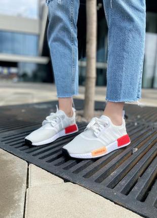 Adidas nmd white red, женские летние кроссовки адидас