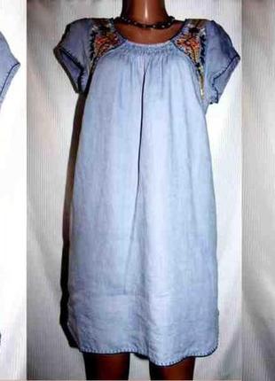 Летнее платье лён голубое в цветах карманы zara 36-40 р