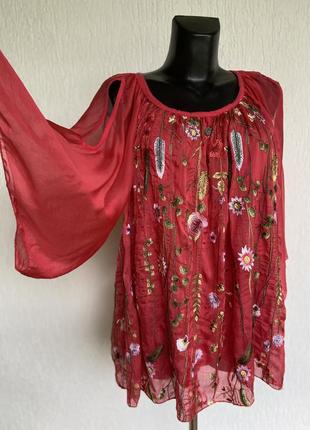 Фирменная стильная качественная натуральная блуза из шёлка с  вышивкой5 фото