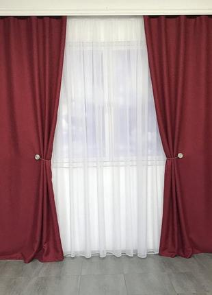 Комплект штор блэкаут лен 150x270 cm (2 шт) бордовые4 фото