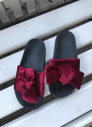 Тапочки,шлёпанцы с бархатными,велюр бордо-марсала,бантом,36р/23 см